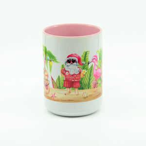 Santa Flamingo Beach Christmas graphics on a coffee mug