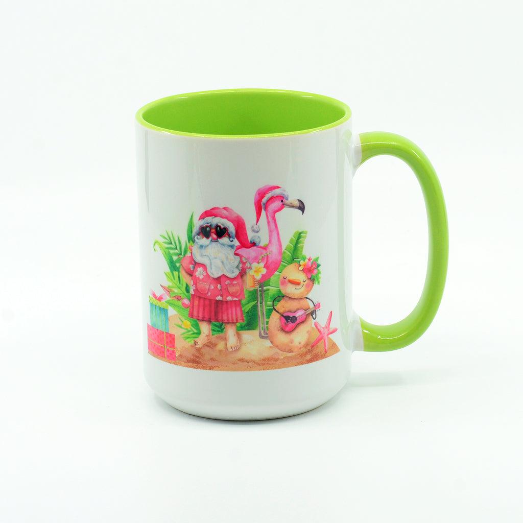 Santa Flamingo graphics on a coffee mug