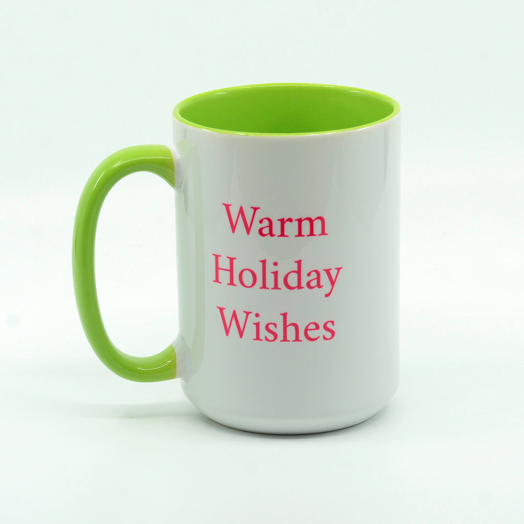 Tropical Flamingo graphics with words Warm Holiday Wishes on a coffee mug