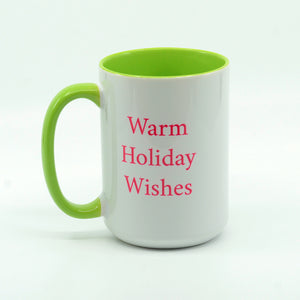 Tropical Flamingo graphics with words Warm Holiday Wishes on a coffee mug