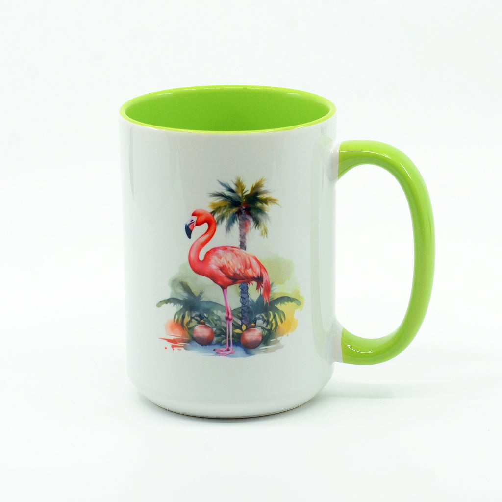 Tropical Flamingo graphics on a coffee mug