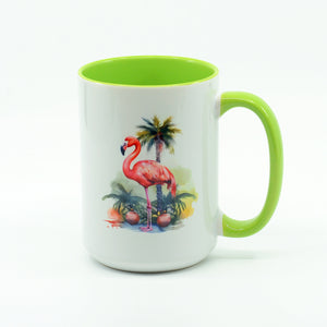 Tropical Flamingo graphics on a coffee mug