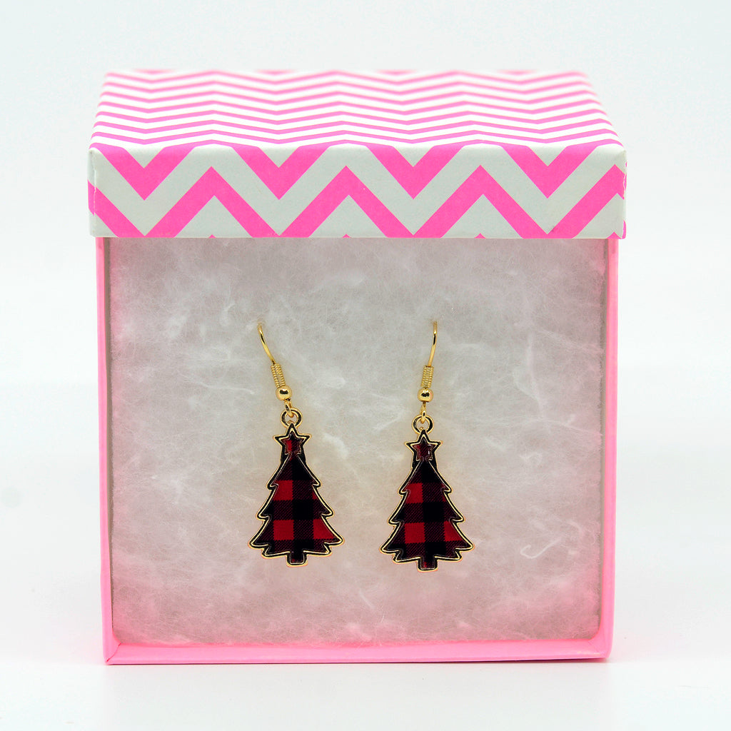 Red Plaid Christmas Tree Earrings