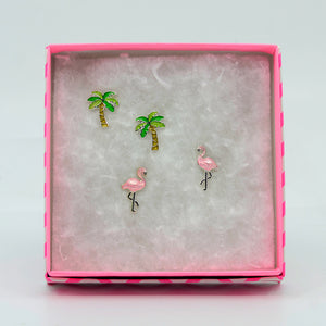 Two sets of earrings-palm trees and flamingos