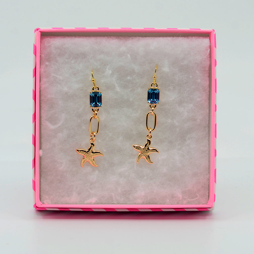 Starfish Aqua and Gold Dangle Earrings