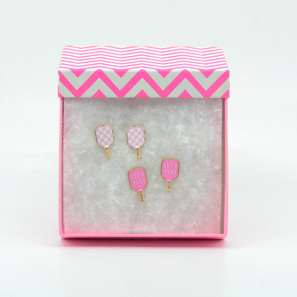 2 stud pickleball earrings in pink