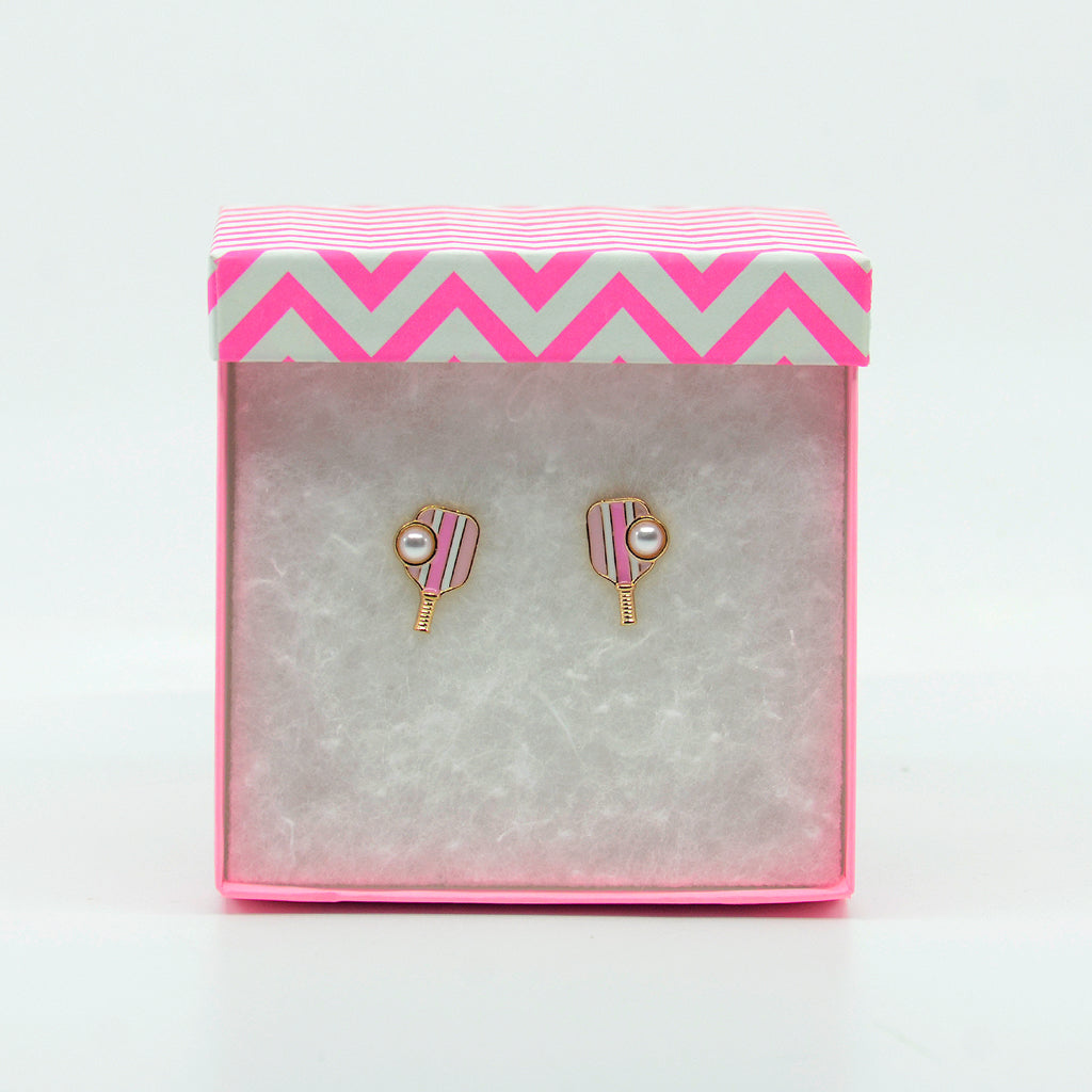 Pickleball Earrings-Pink Stripe Pearl