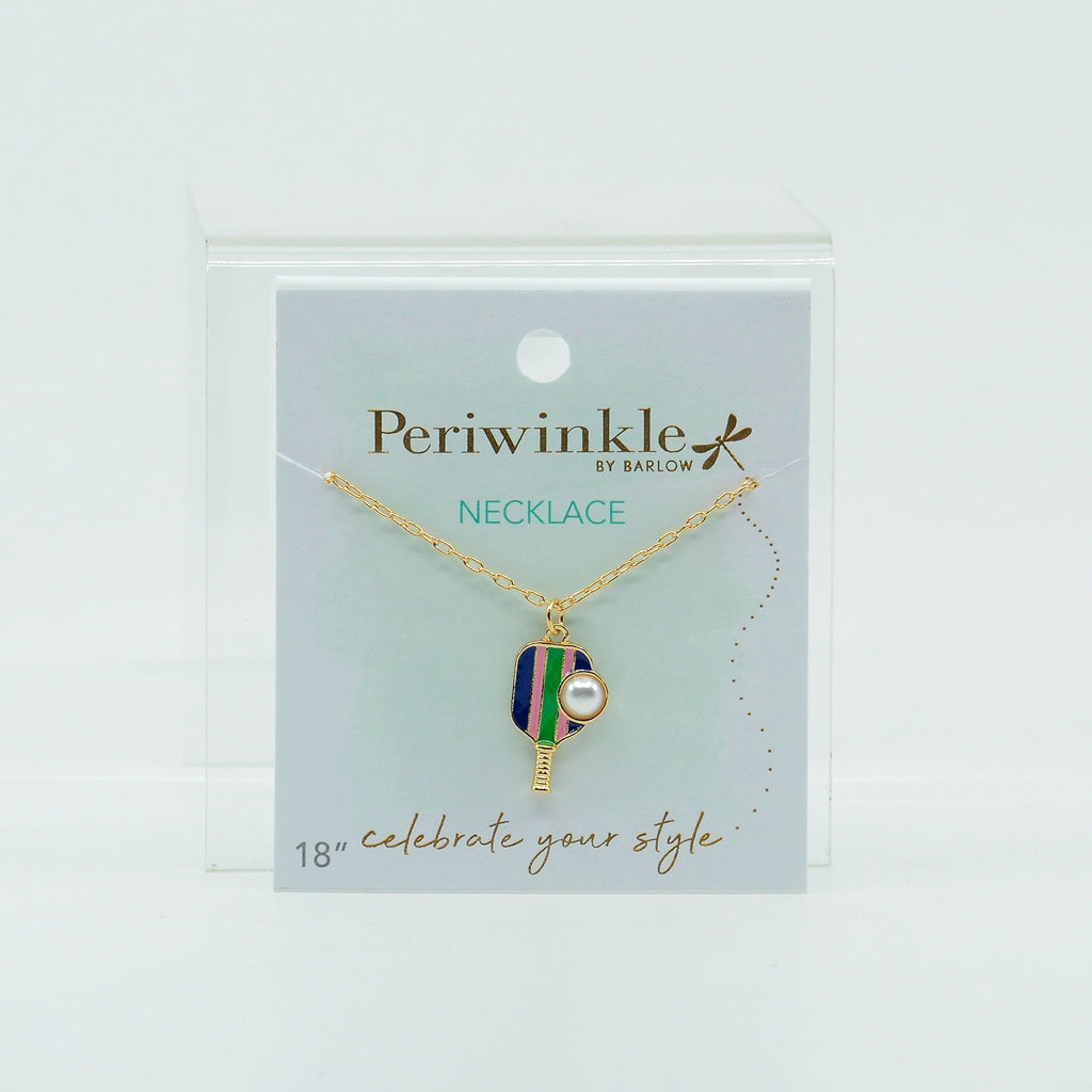 Pickleball Necklace-Blue Pink Stripe Pearl