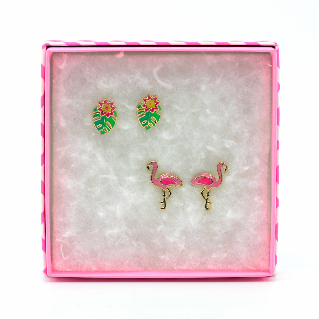 Pink Flamingo and Leaf Stud Earrings