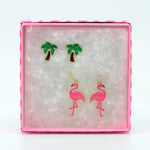 Pink Flamingo and Palm Tree Stud Earrings