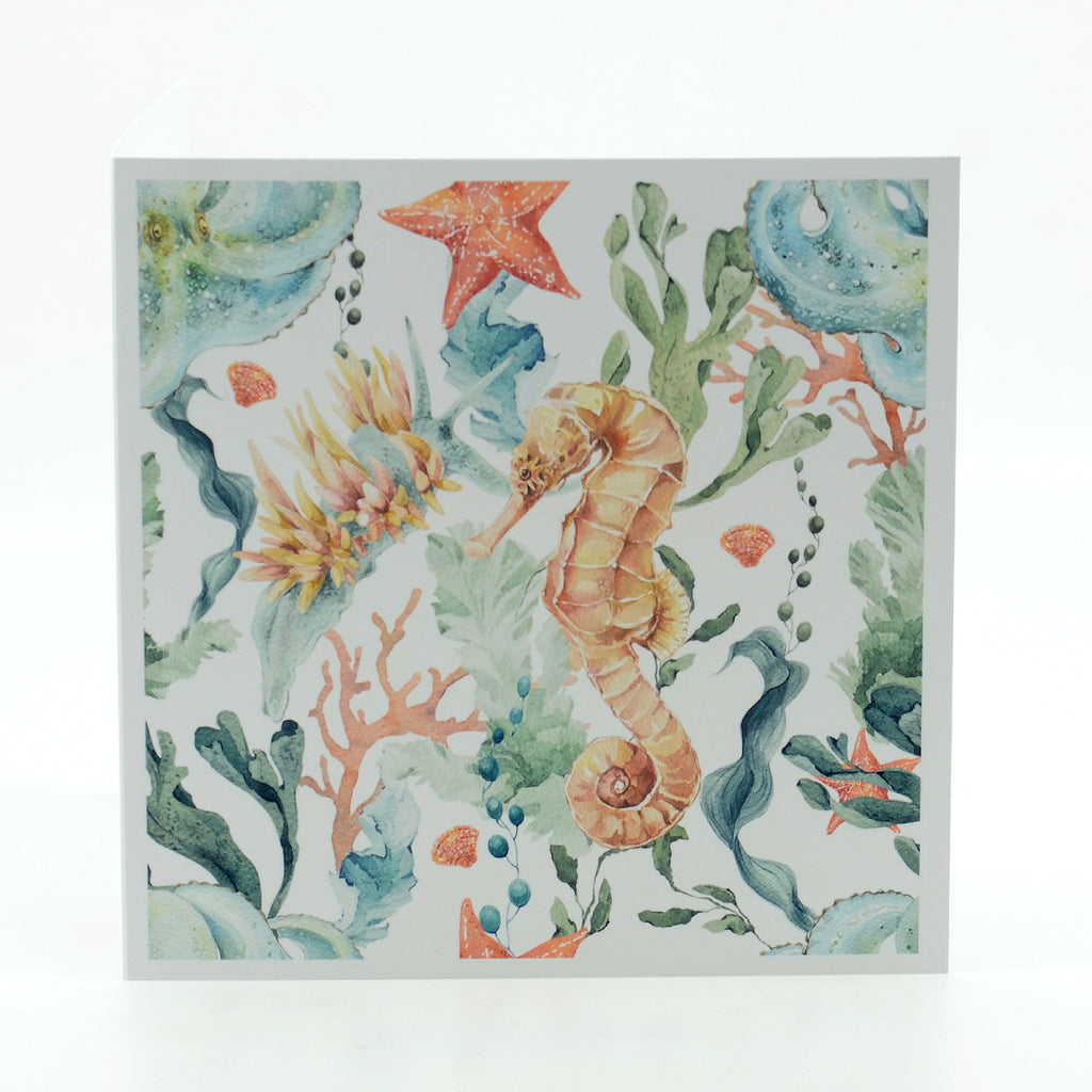 A beautiful seahorse artwork on a square notecard