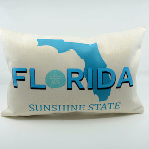 State of Florida in Blue with Sanddollar on a polyester linen 12"x18" pillo