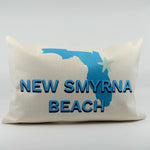 New Smyrna Beach State of Florida in Blue with Starfish on a polyester linen 12"x18" pillo