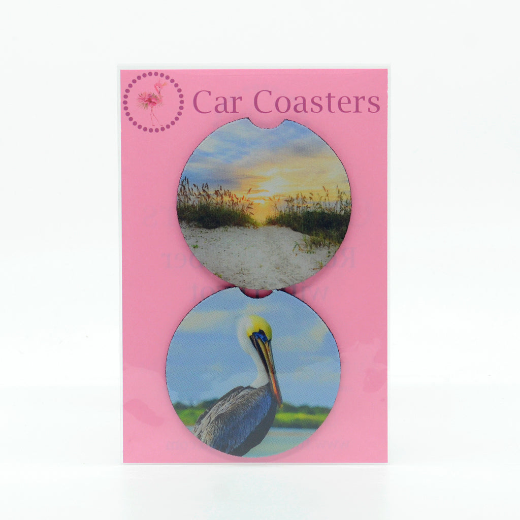 Beach view and Pelican Photograph on rubber car coasters