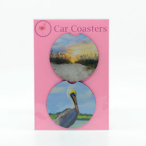 Beach view and Pelican Photograph on rubber car coasters