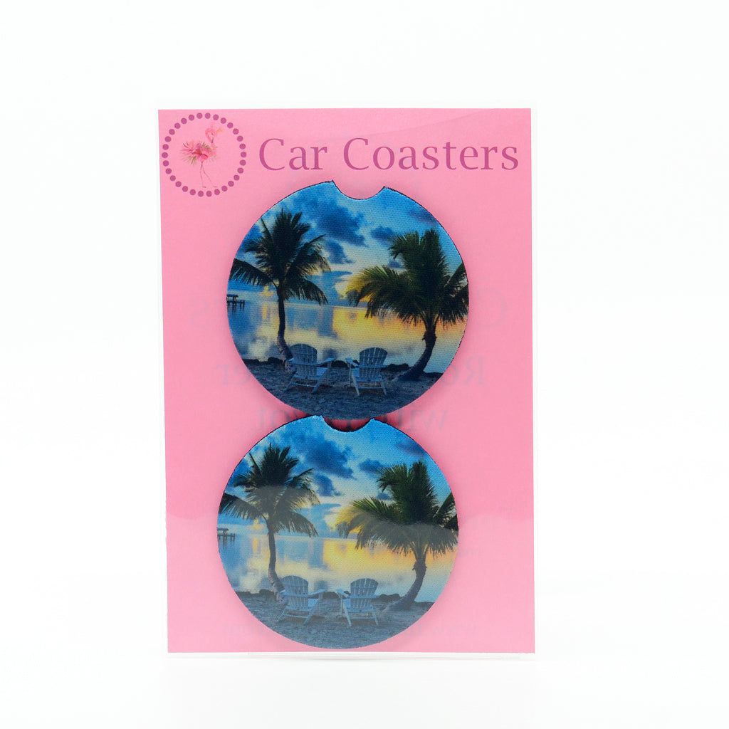 Early morning sunrise with palm trees and Adirondack chairs on the beach photograph on rubber car coasters