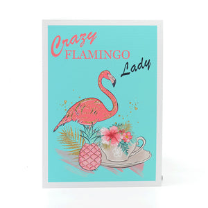 Crazy Flamingo Lady Artwork on a 5"x7" greeting card