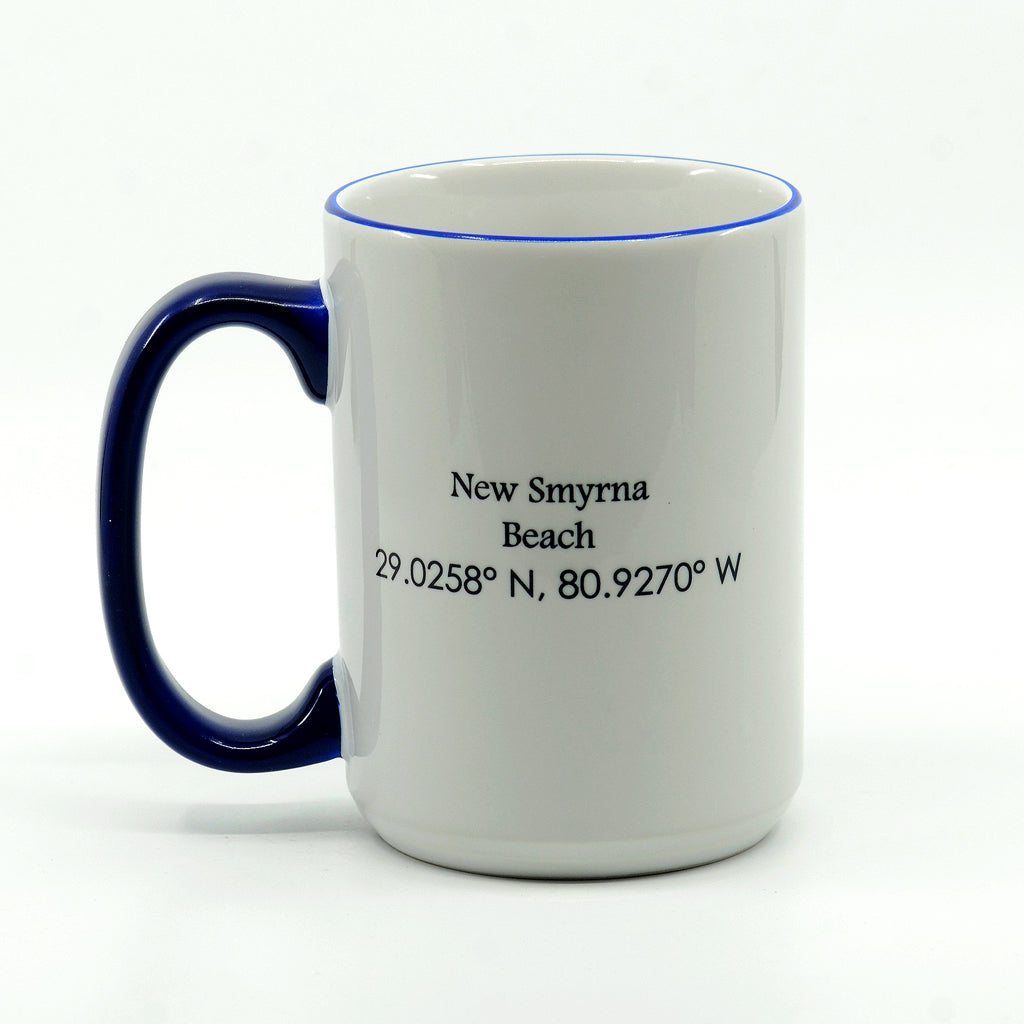 Flagler Avenue entrance in New Smyrna Beach Ceramic Mug with LAT and LONG