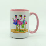 3 flamingos on a coffee mug