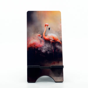 Flamingos in the clouds graphics on a phone stand