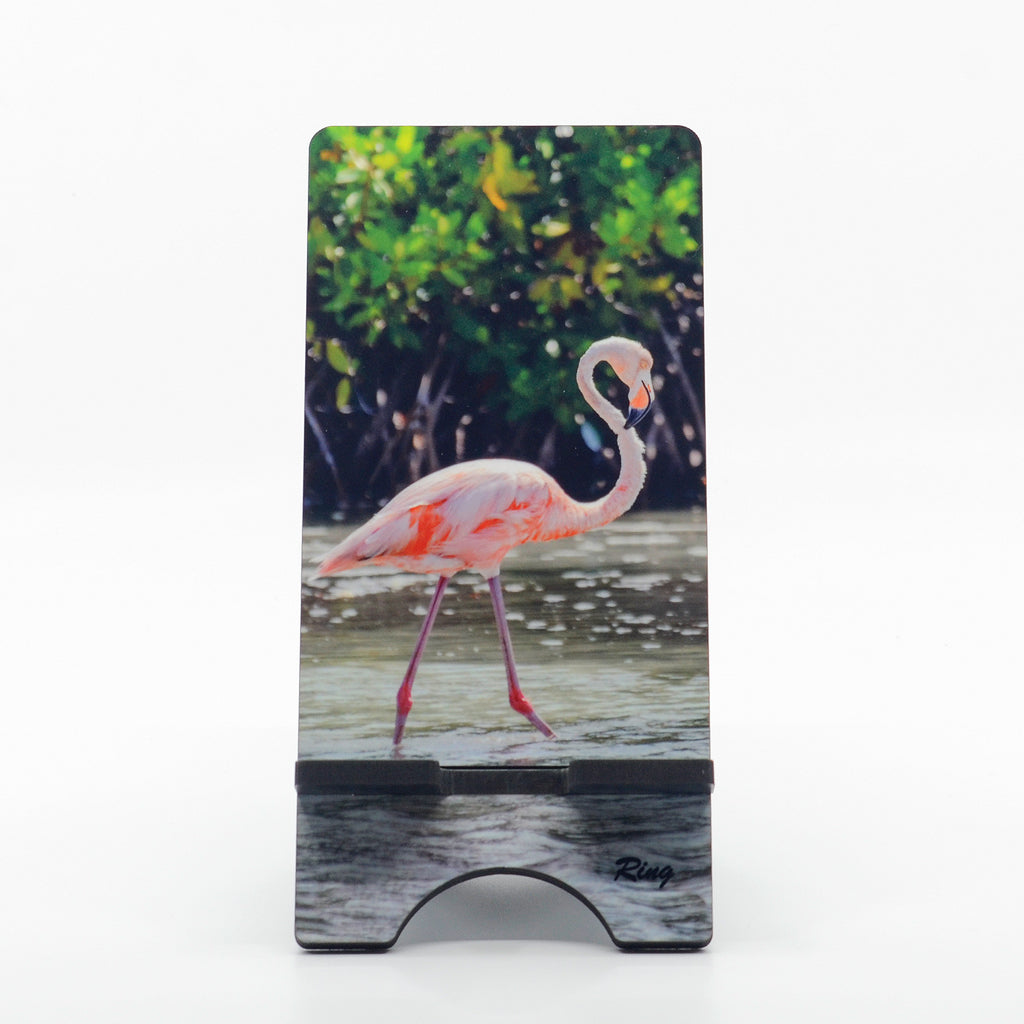 A beautiful flamingo photograph on a phone stand
