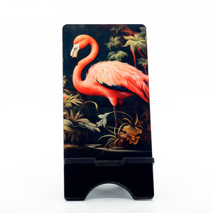 flamingo graphics on a phone stand