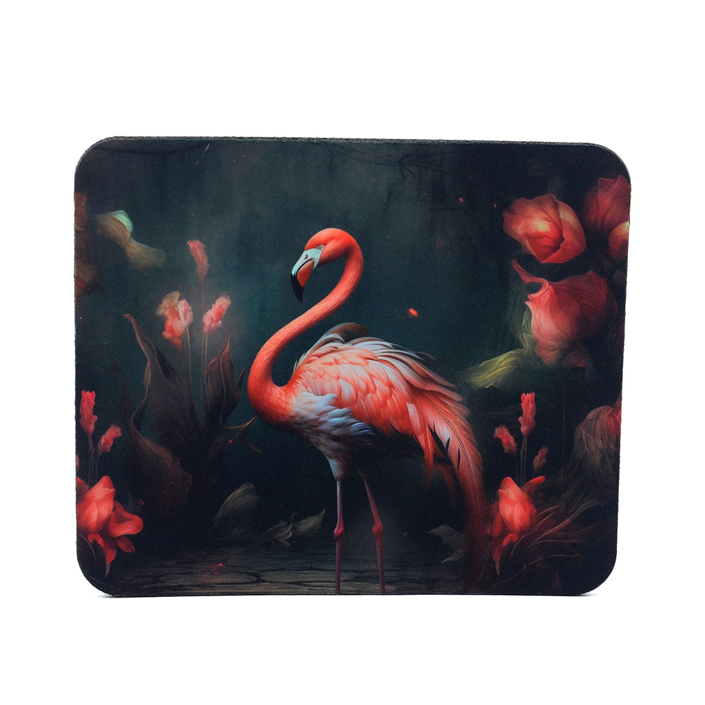 Flamingo on black background on a rectangle rubber mouse pad