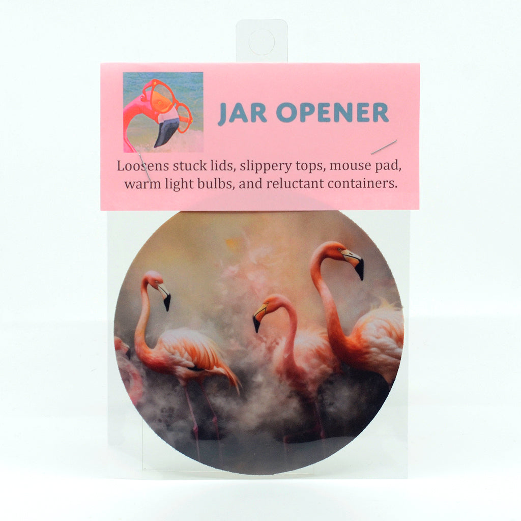 3 dreaming flamingos on a round rubber jar opener