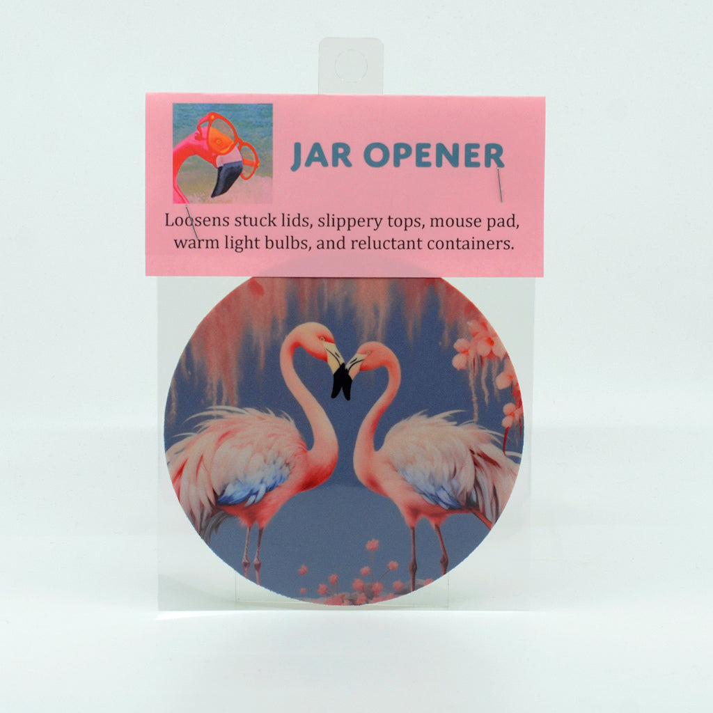 2 Pink Flamingos on a round rubber jar opener