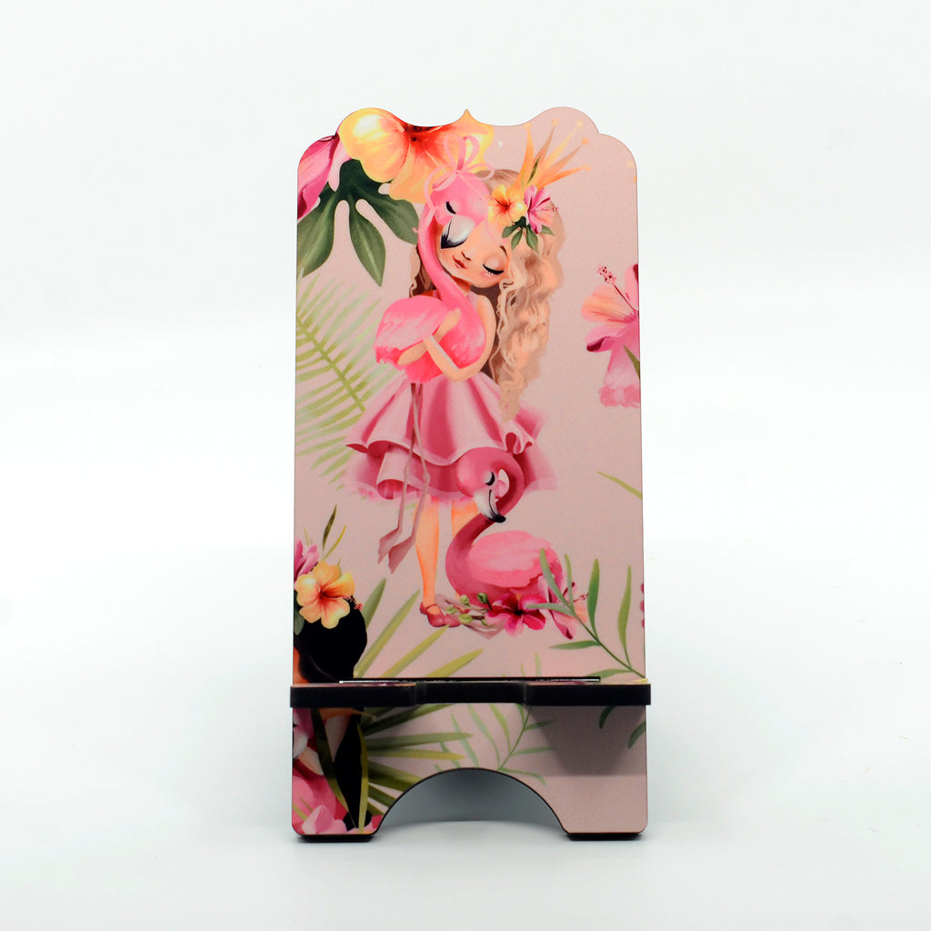 Flamingo Girl on a large phone stand with benelux top