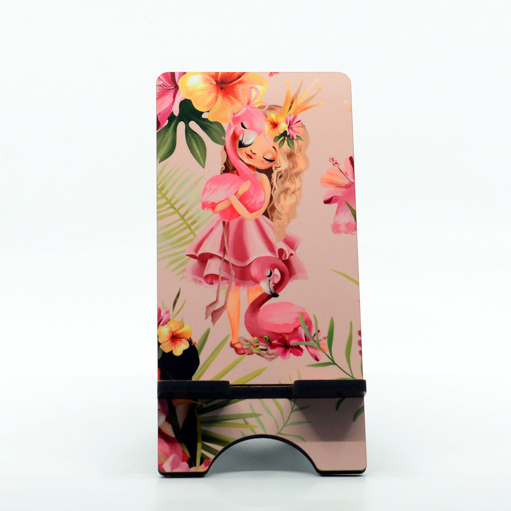 Flamingo graphics on a phone stand