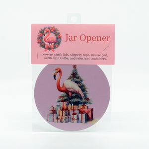 A flamingo Christmas graphics on a round rubber jar opener