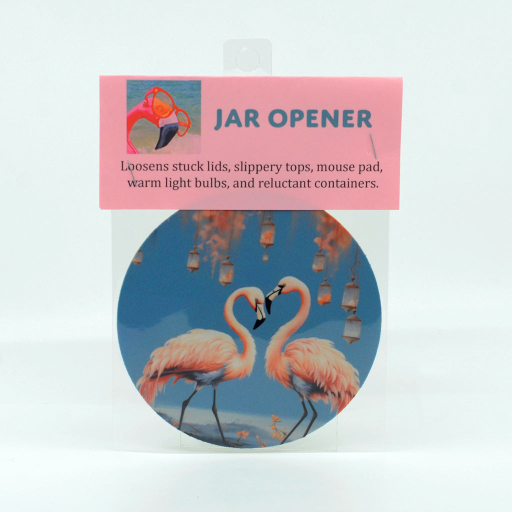 Flamingos with lanterns on a round rubber jar opener