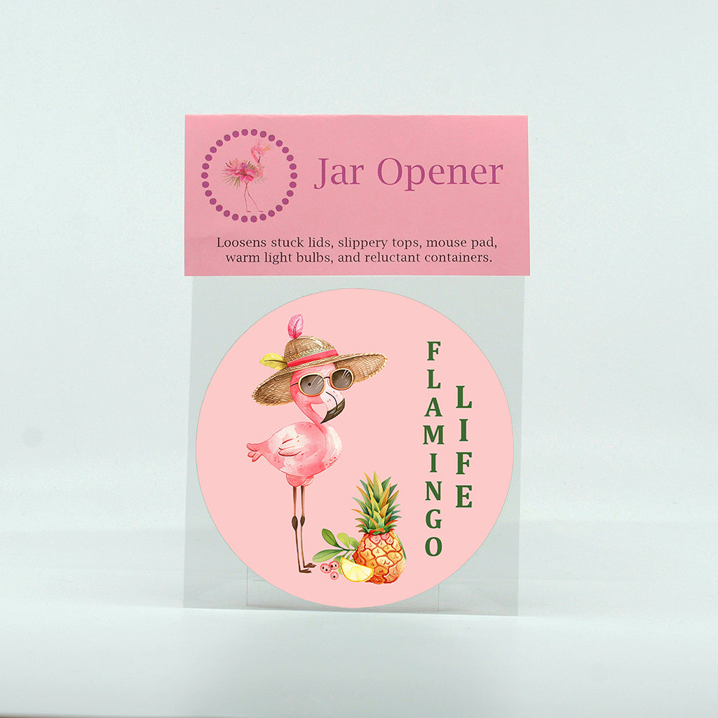 Flamingo Life graphics on a round rubber jar opener