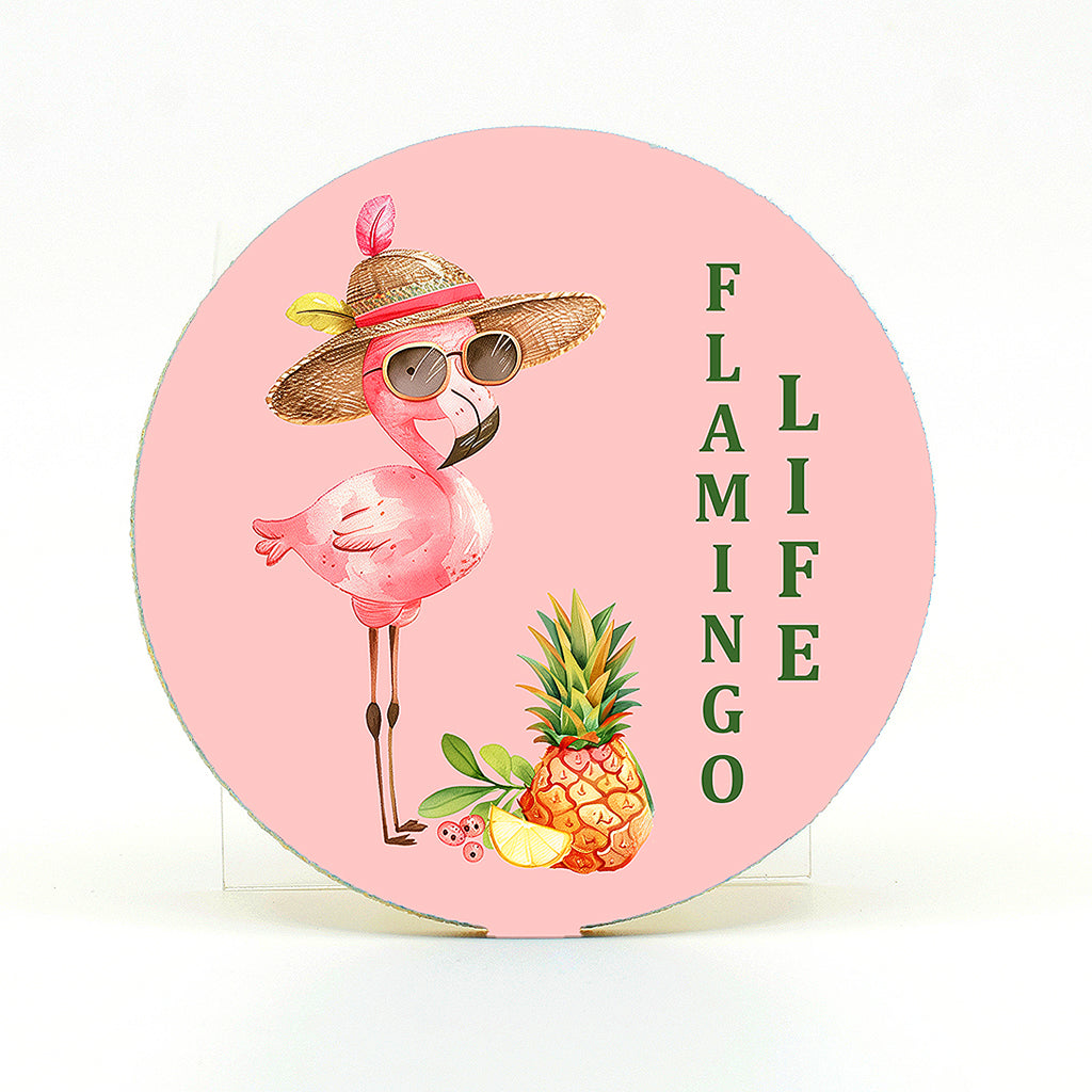 Flamingo Life graphics on a round rubber home coaster