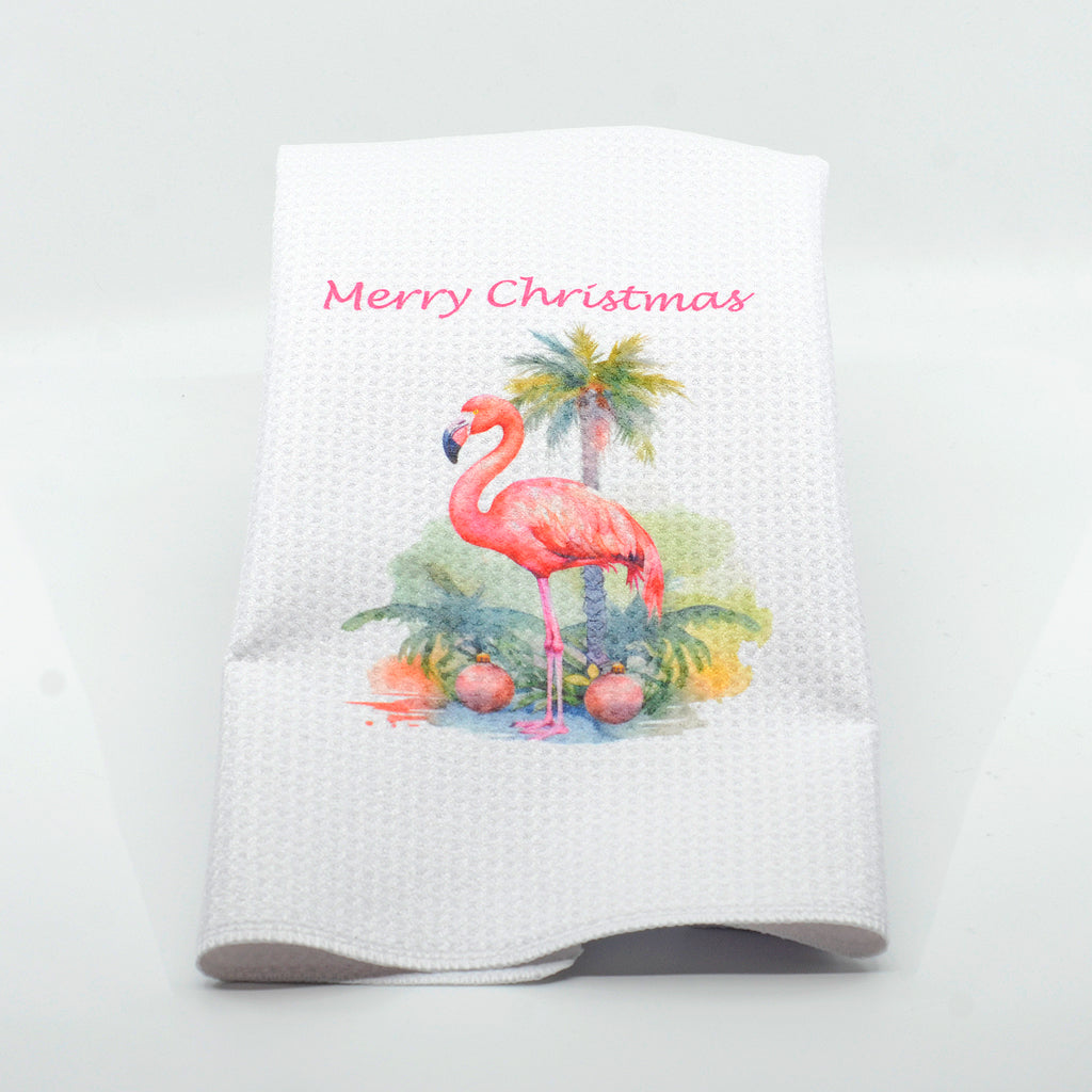 Waffle Kitchen Towel with graphics of flamingo merry christmas