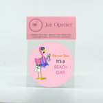 Flamingo dressed for the beach graphics on a round rubber jar opener