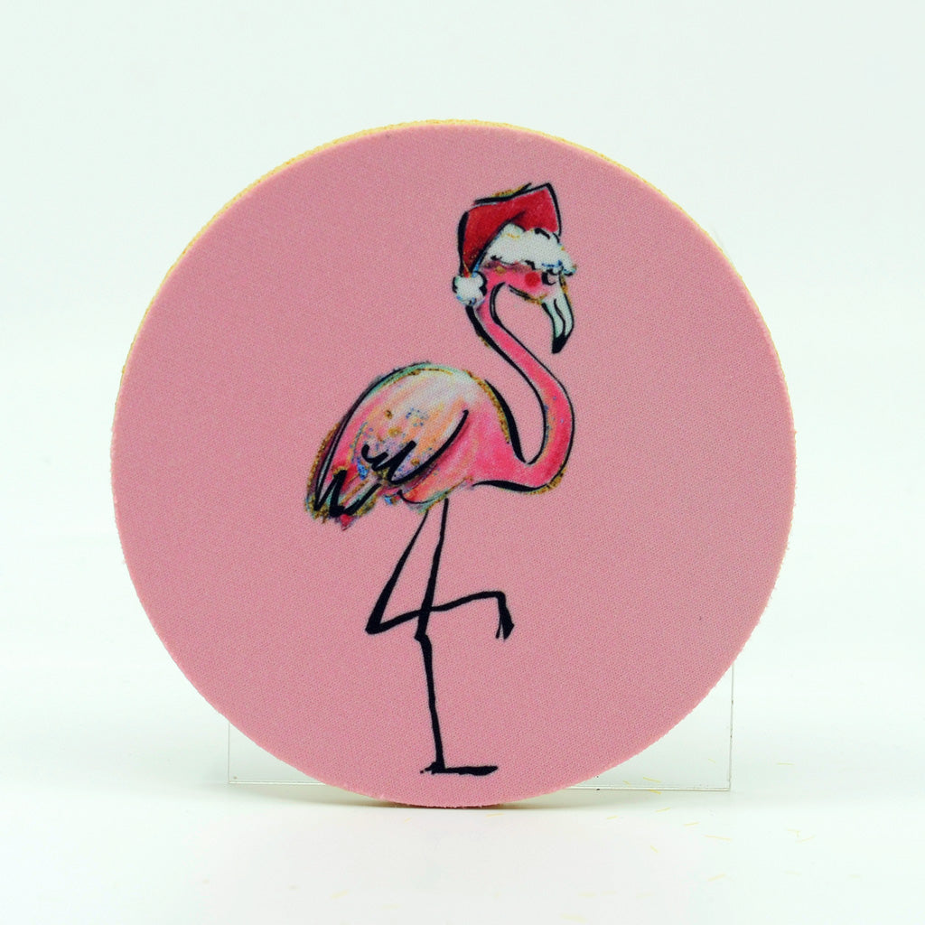 Flamingo Santa Christmas 4" rubber home coaster