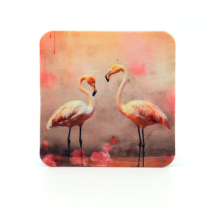 2 Flamingo Artwork on a square home coaster
