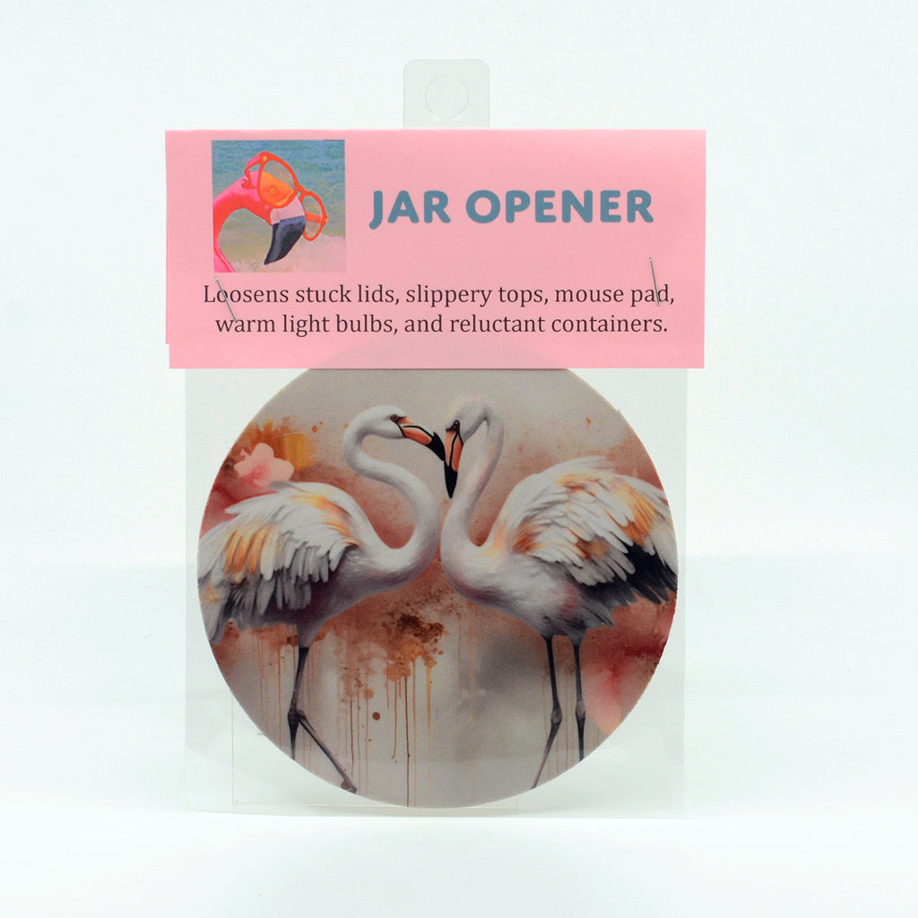 White Flamingos on a round rubber jar opener