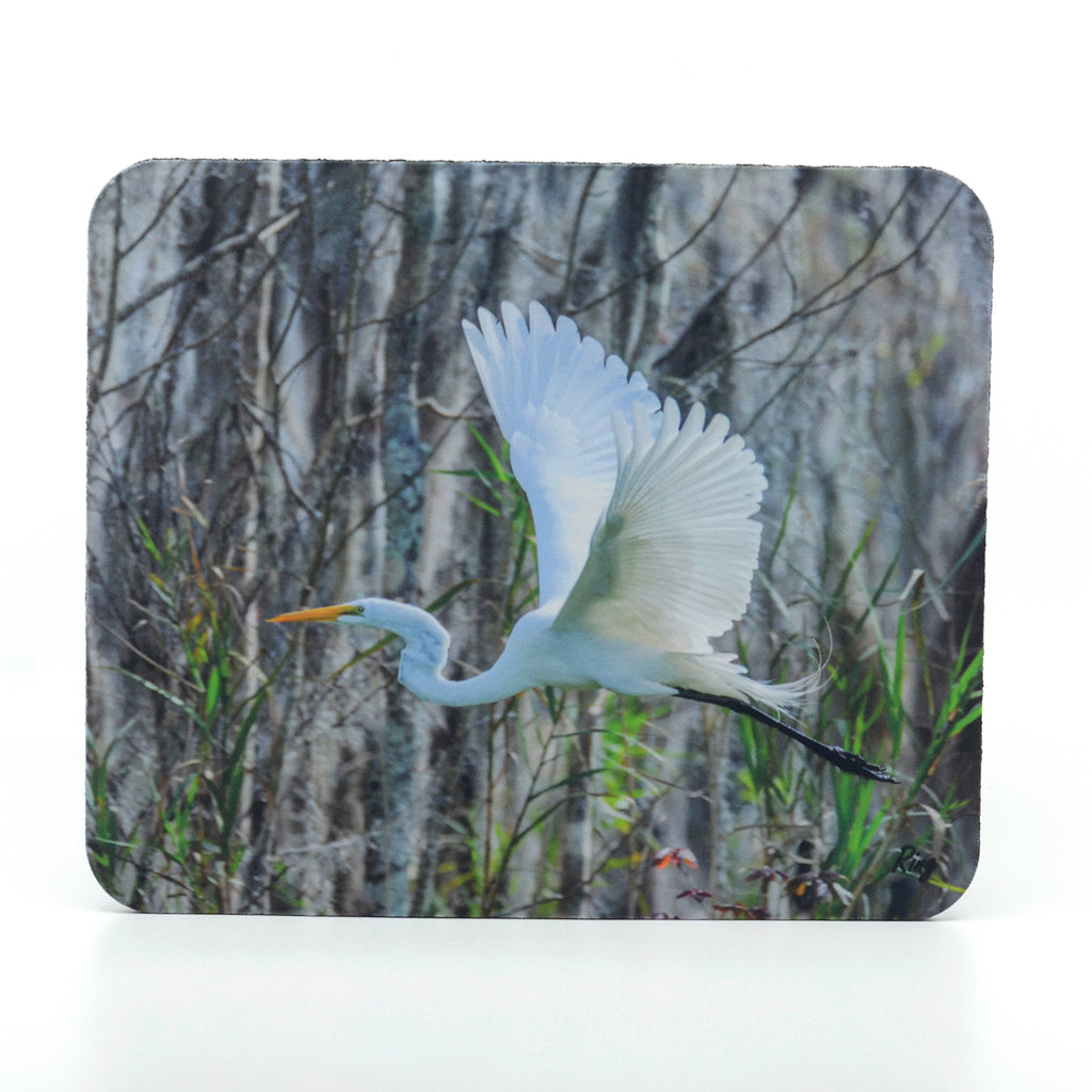A great egret flying photograph on a rubber mouse pad