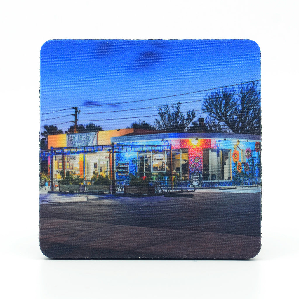 Island Roaster Coffee Shop in New Smyrna Beach Florida on a Square Rubber Home Coaster