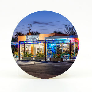 Island Roasters Coffee Shop in New Smyrna Beach Florida Photograph on a Round Rubber Home Coaster