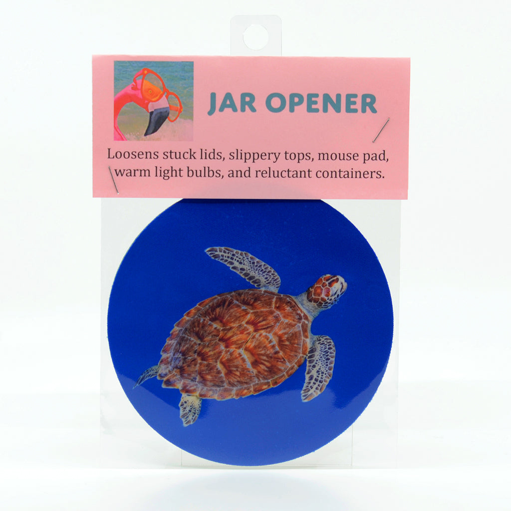 A green sea turtle photograph on a 5" rubber jar opener