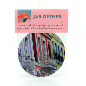 Pastel Buildings in San Juan, Puerto Rico photograph on a 5" rubber round jar opener
