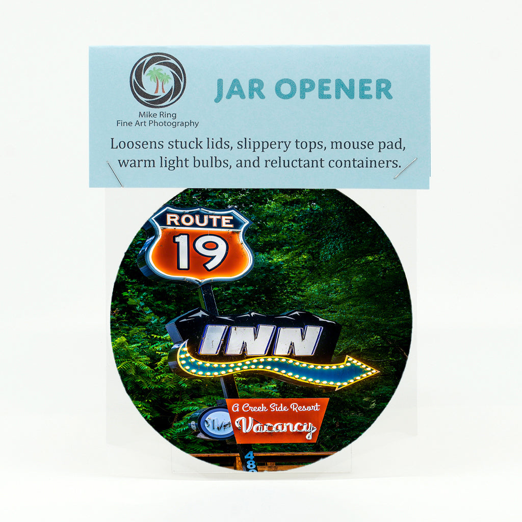 Route 19 Inn Sign Photograph in Maggie Valley North Carolina on a 5" round rubber jar opener