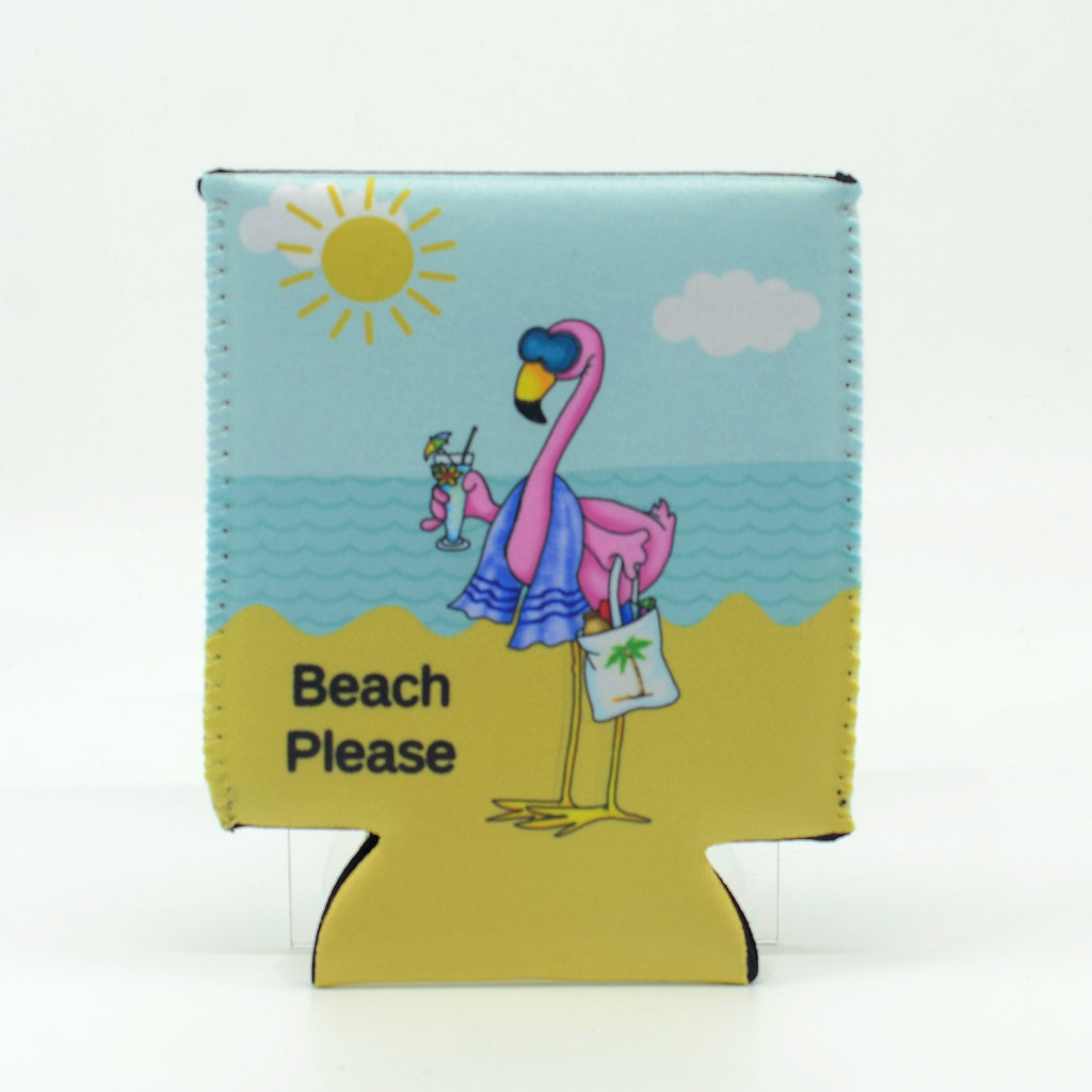 Scuba 12 ounce Koozie with flamingo on the beach-beach please