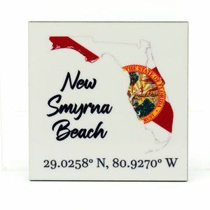 State of Florida with Flag location specific New Smyrna Beach with lat and long square magnet