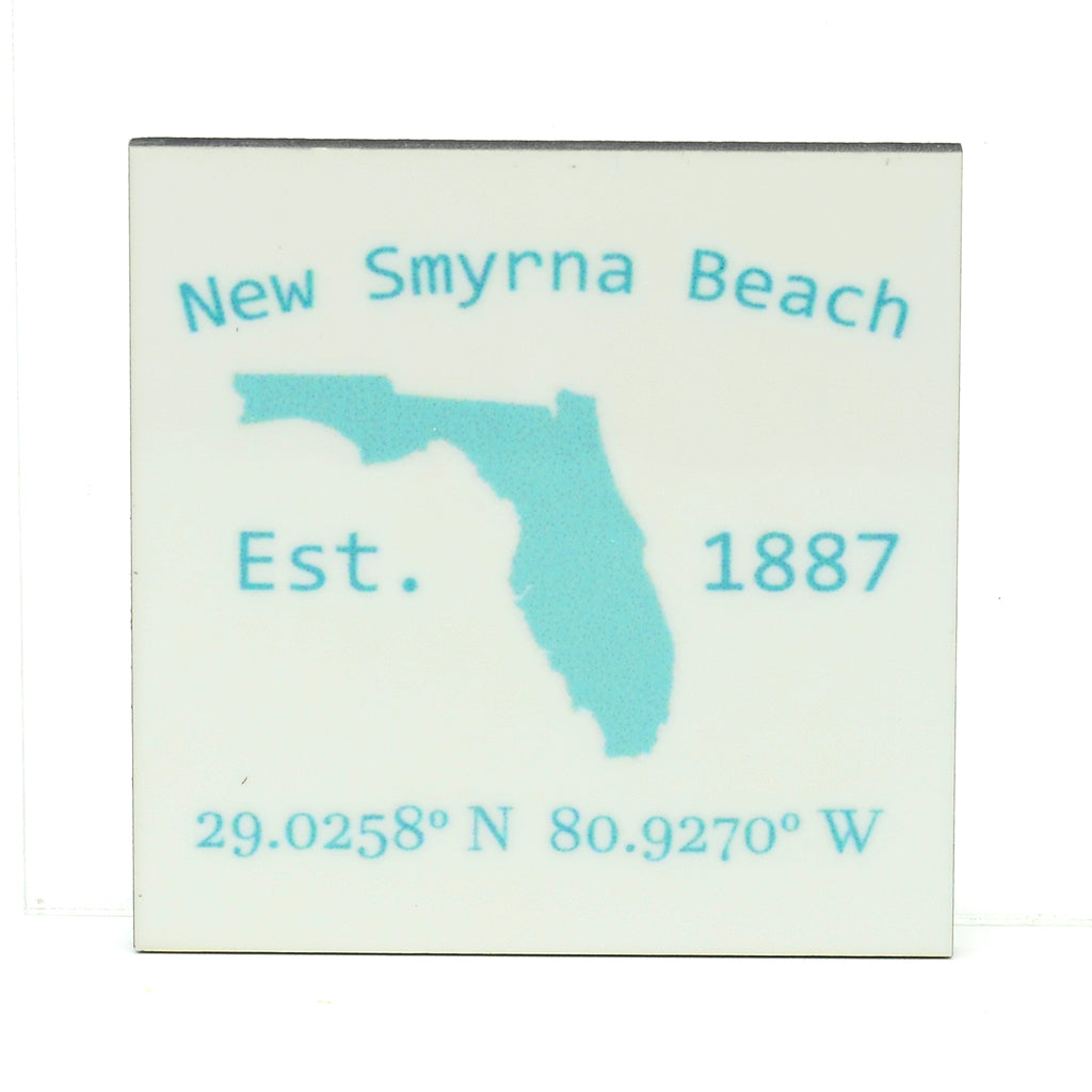 State of Florida location specific New Smyrna Beach lat long and established date on a square magnet