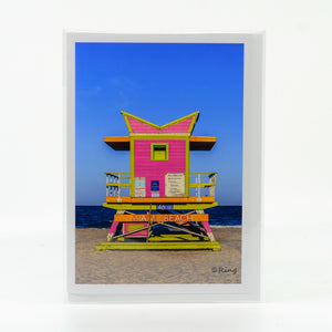 Pink Life Guard Stand in Miami Beach-Florida on a glossy greeting card